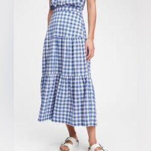 Gap Blue Cream Gingham Check Tiered Maxi Skirt 14 Spring Cottagecore Cotton